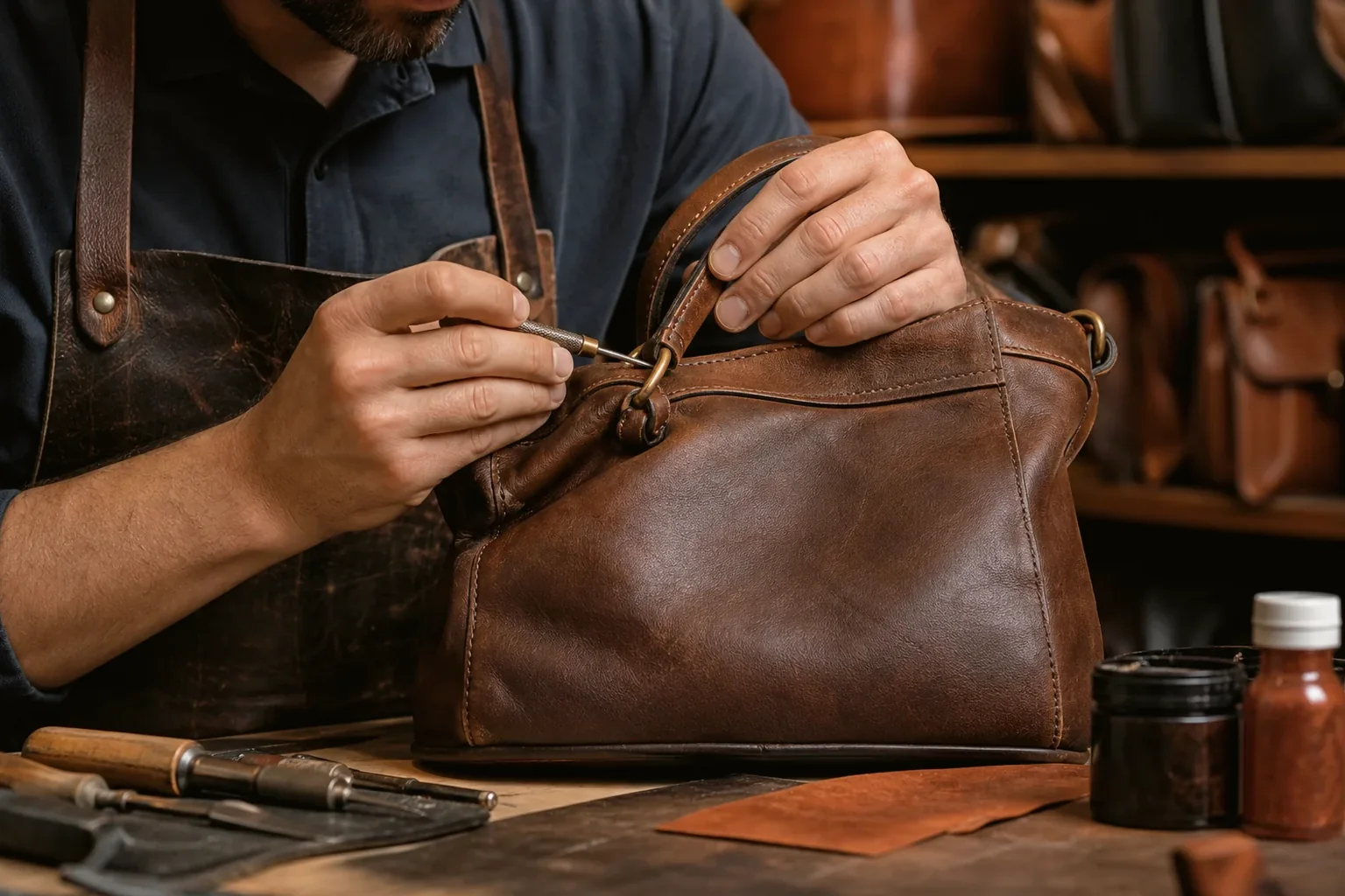 Sapateiro reformando uma bolsa de couro em Marabá.